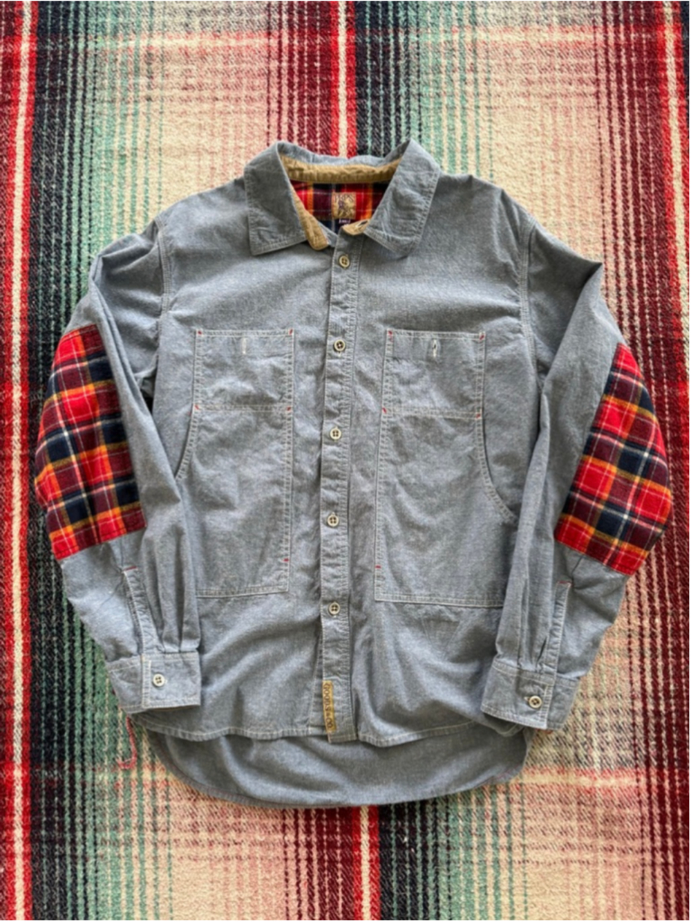Men's PRPS Blue Plaid Paneled Chambray Shirt XL